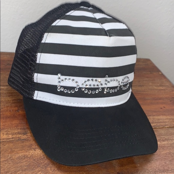 Y2K Bebe Black and White Striped Rhinestone Hat - Picture 2 of 5